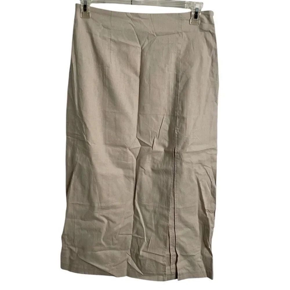 ASOS Womens Linen Blend Midi Pencil Skirt 10 Beige High Slit Old Money Unlined
